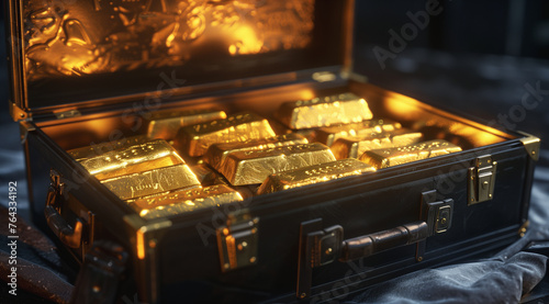 a black suitcase brimming with neatly stacked gold bars