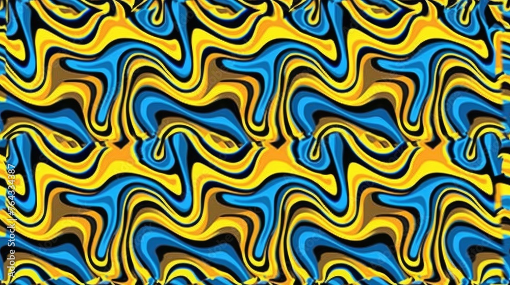 a blue, yellow, and black pattern with wavy lines on the bottom and bottom of the pattern on the bottom of the image.