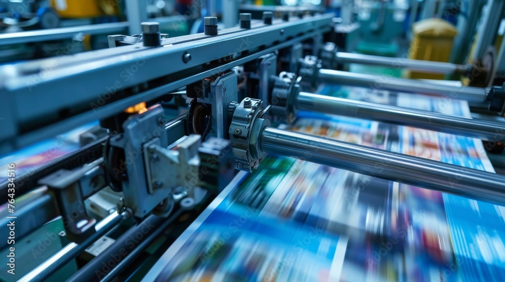 An offset printing machine in action, an industry staple for mass-producing newspapers and magazines An offset printing machine in action, an industry staple for mass-producing newspapers and magazines