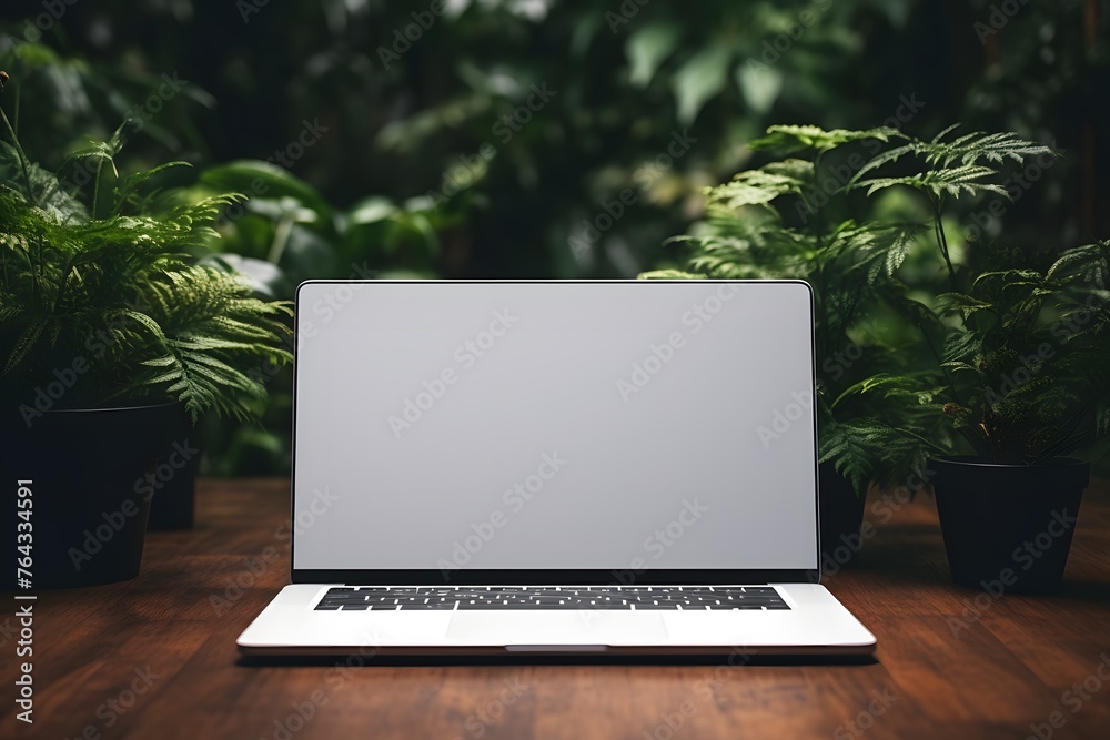 Laptop blank screen mockup and flower in a pot on a green background, Front view Laptop blank screen mockup and flower in a pot on a green background, Front view