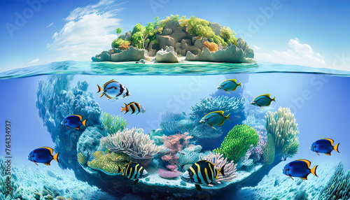 Ocean Tropical island with colorful underwater world