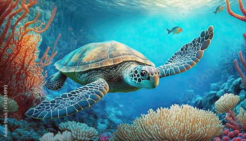 Sea big turtle swimming in blue sea water.
