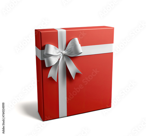 Red gift box with silver ribbon and bow on white background.