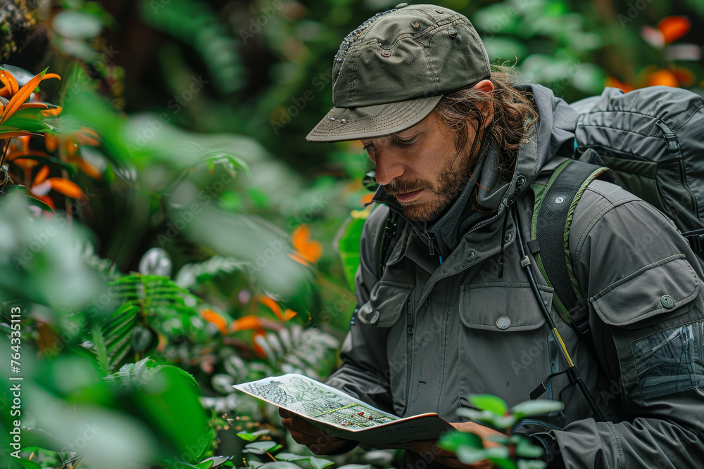 An ecologist studying the interdependence of species in a biodiversity hotspot, highlighting the delicate balance of ecosystems. Concept of ecological interconnectivity. Generative Ai. An ecologist studying the interdependence of species in a biodiversity hotspot, highlighting the delicate balance of ecosystems. Concept of ecological interconnectivity. Generative Ai.