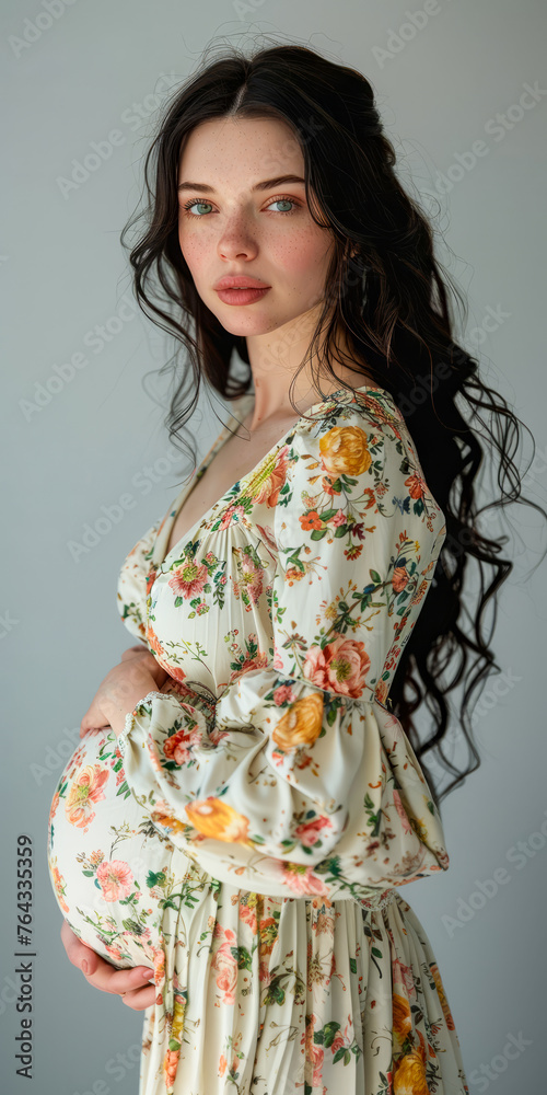 Woman in floral dress posing for picture with her hands on her hips.