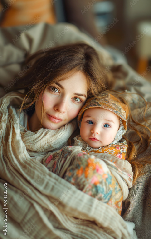 Woman holding baby wrapped in blanket on top of bed.