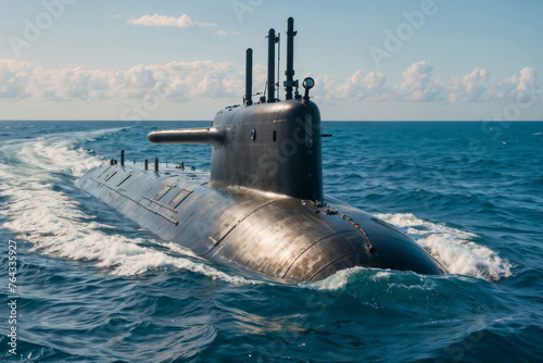 A large submarine is in the water. A military modern black submarine sails on a combat mission in the open ocean on a sunny summer day