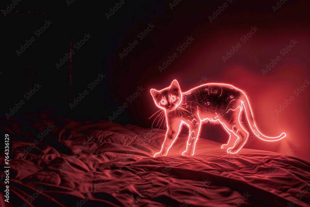 Fototapeta premium neon pink light drawing of the cat, glowing outline of cartoon figure, red energy lines, fantasy style, magical realism