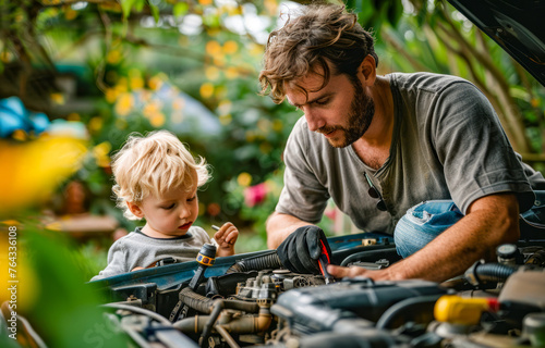 Man working on car engine with young boy looking at it.