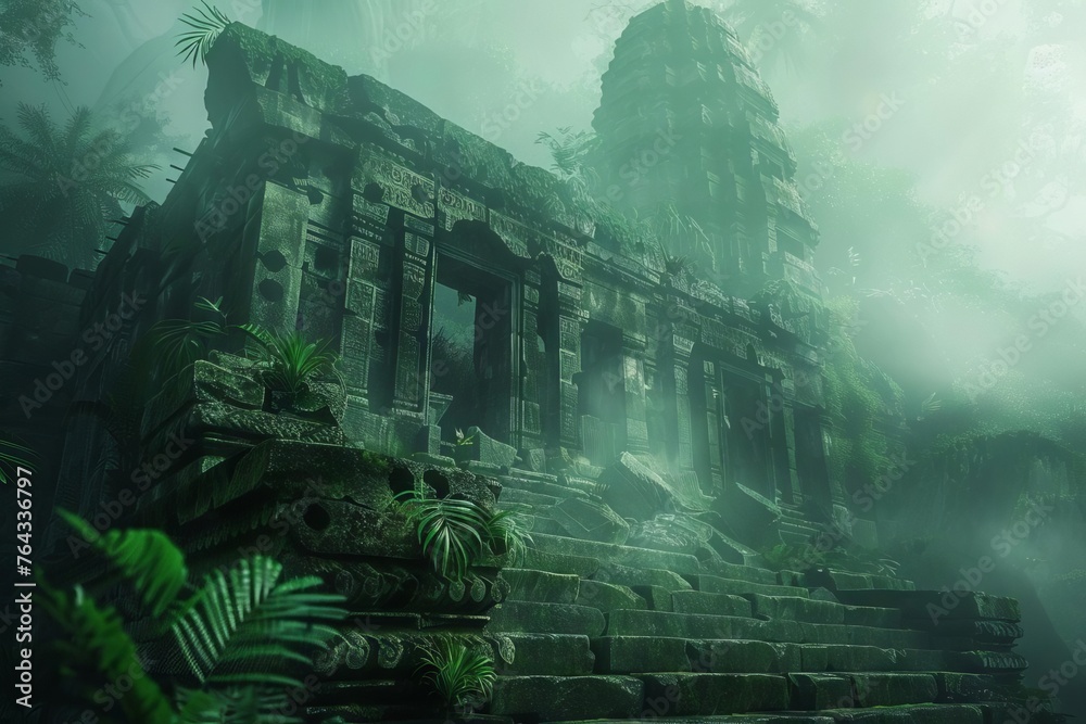 Mysterious ancient ruins in a misty jungle, lost civilization concept, digital illustration