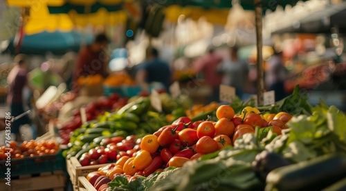 Fototapeta Naklejka Na Ścianę i Meble -  Fresh vegetables and fruits in an organic market. Ecofriendly living or healthy eating concepts. A vibrant farmers market scene with colorful stalls of fresh produce. A wooden sign with space for text