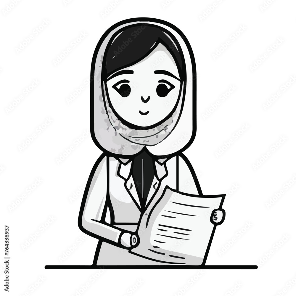 Muslim office worker with paper black and white 2D