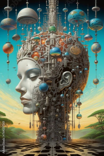 An intricate artwork of a humanoid head formed with mechanical gears and adorned with celestial spheres, against an otherworldly landscape.
