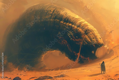 Mysterious giant sandworm rising from desert depths with tiny human figure, digital painting photo