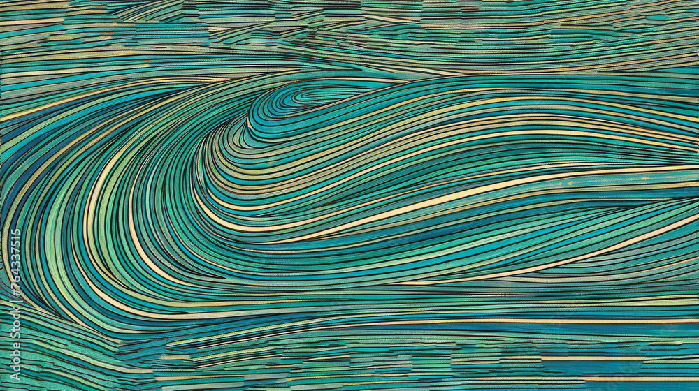 a painting of wavy lines in blue, green, yellow, and brown on a black background with a black border.