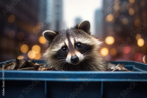 Raccoon in a trash can, blurred city street background