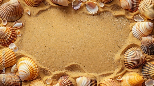 A summer background with golden sand and shells in vacation concept. Colorful shells arranged in a frame shape on soft sand with copy space. © Vagner Castro