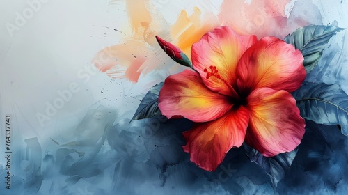 The painting of a bright flower in watercolor on a white paper background is an illustration from the Digital Art 3D series.