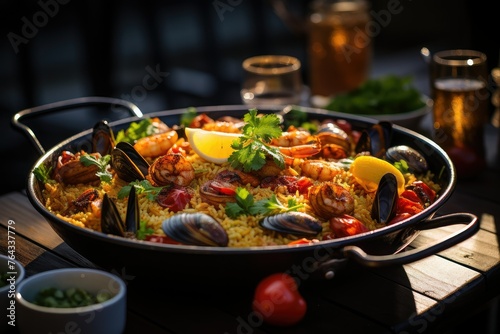 A traditional Spanish dish. Seafood paella with rice, mussels, shrimp. Menu, the recipe.