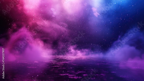 Empty stage with bright neon lighting and special effects for theater performance or dance