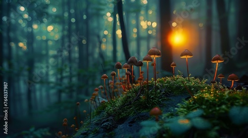 a group of mushrooms sitting on top of a moss covered hillside in a forest with a light shining through the trees.
