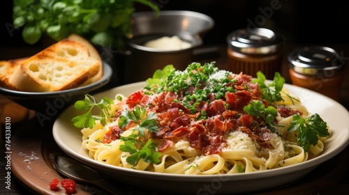 Delicious pasta with bacon and sauce. Italian cuisine. Recipe.