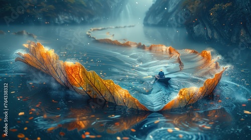 A boater floats inside an colorful leaf  in the style of captivating documentary photos