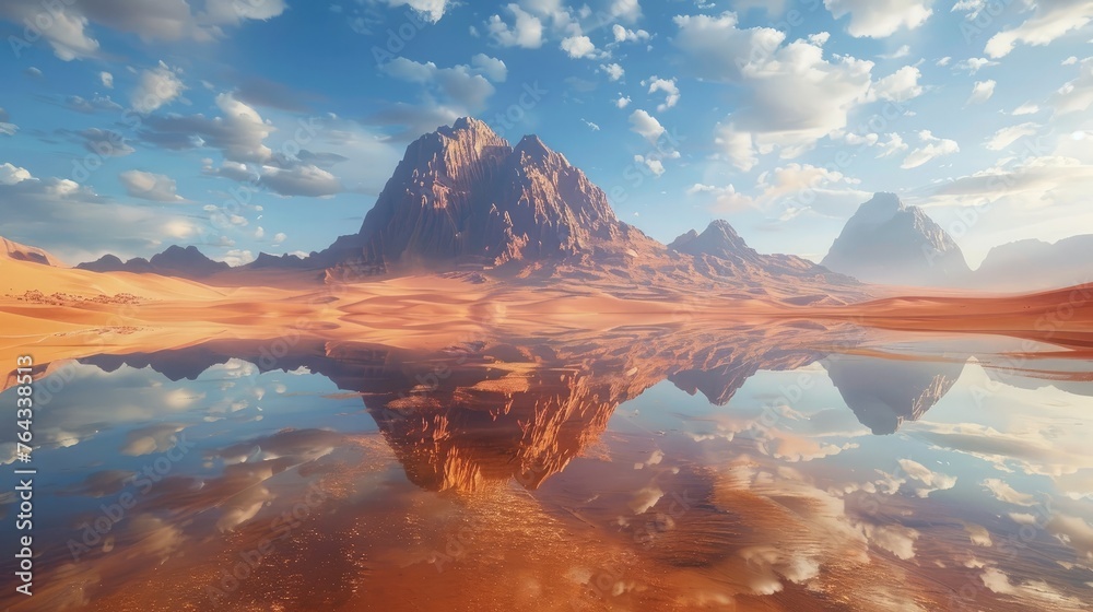 Mirrored Oasis:Traversing a Dreamlike Desert Landscape of Infinite Possibilities