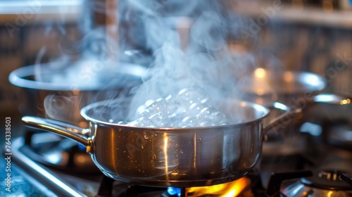 A pot of boiling water on a stove with steam coming out, AI