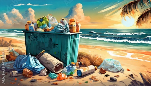 Ilustração de coleta de lixo. Lixo na praia. Meio ambiente. photo