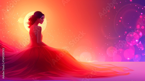 Serene sunset background with a silhouette of a woman in a redish ribbonshaped dress photo