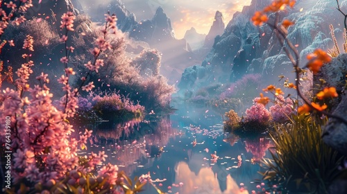 Enchanting 3D Illustrated Landscape of Majestic Mountains,Serene Lake,and Blooming Foliage at Magical Sunset © Sittichok