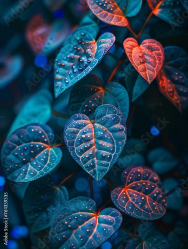 Vibrant neon leaves glow with an inner light, water droplets sparkling on their surface, creating an ethereal and magical nighttime scene.