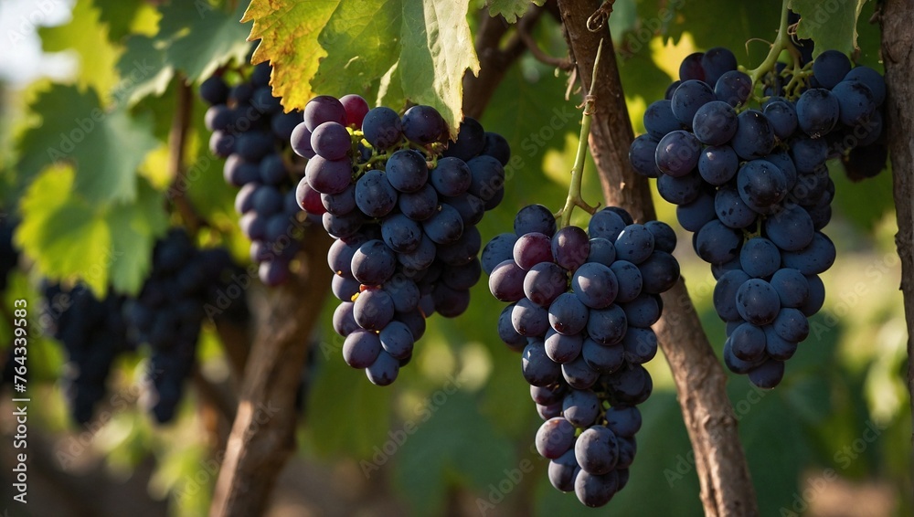 Black grapes hanging from a vine tree
