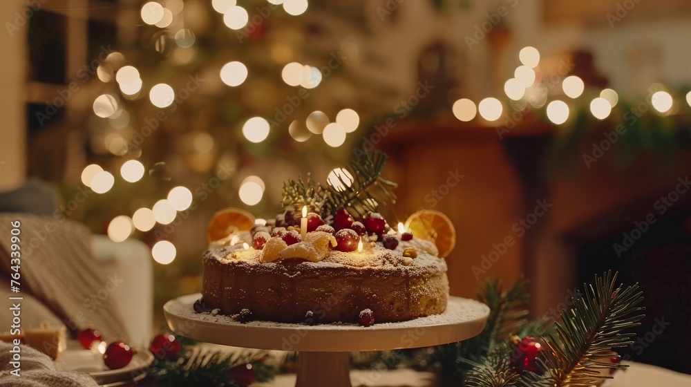 a cake sitting on top of a cake plate on top of a table next to a fire place and a christmas tree.