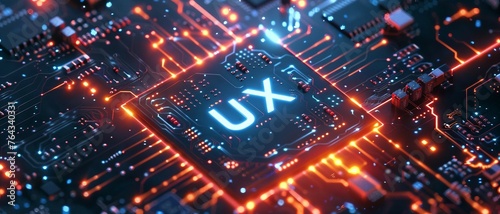 A close-up view with the acronym UX displayed on a microchip, representing the concept of the User Experience. 