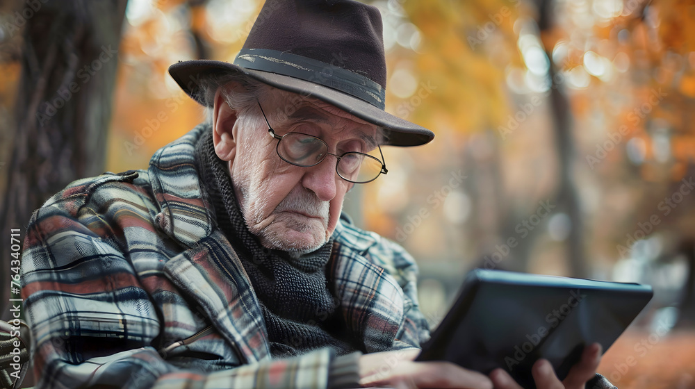 Elderly Man Enjoying His Tablet in the Park