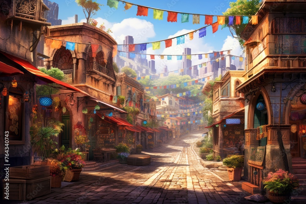 Naklejka premium A cityscape with a vibrant arts and crafts market, showcasing local creativity