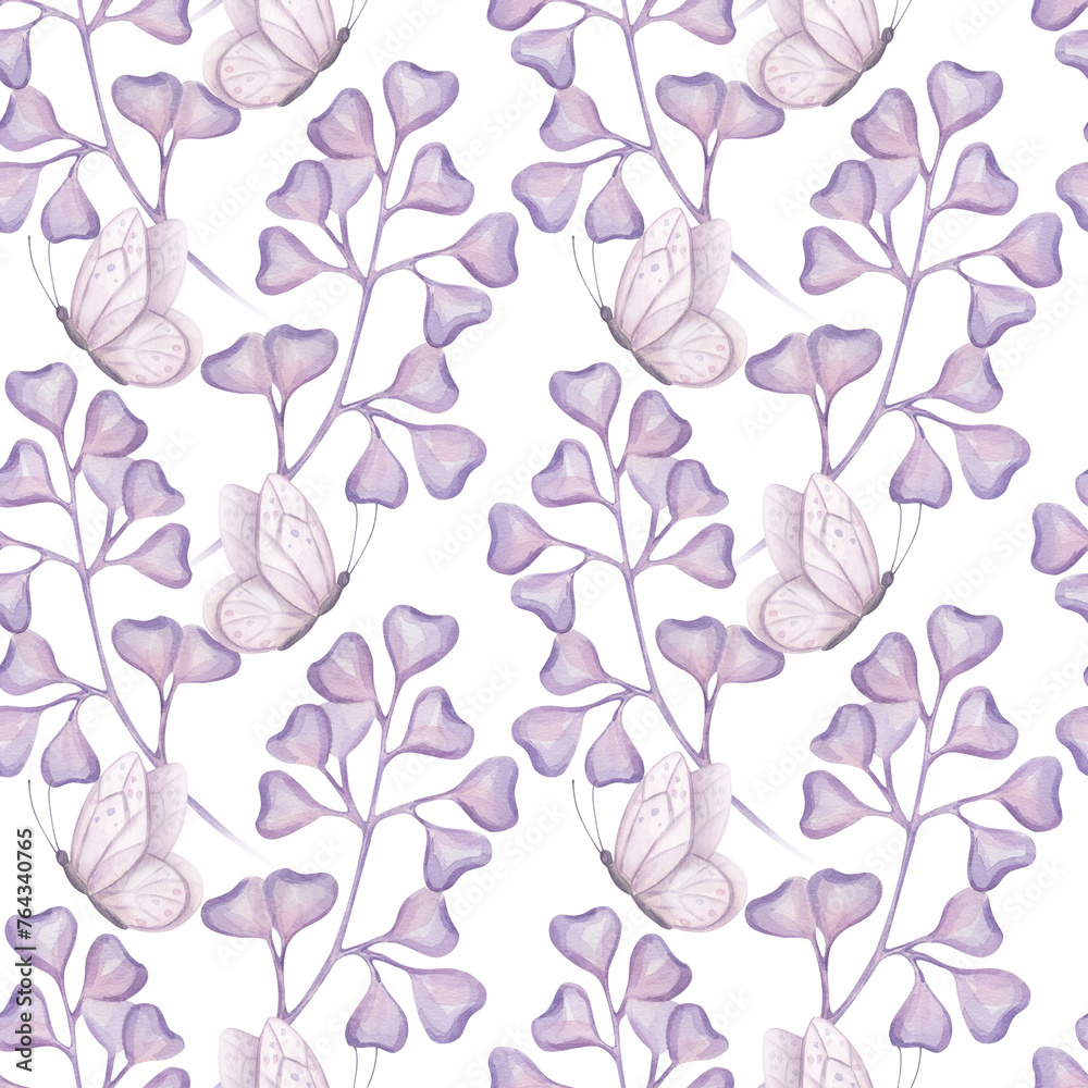 Seamless pattern simple abstract twig with purple hearts leaves, butterfly. Beautiful gentle clipart. Hand drawn watercolor illustration background. Botanical design for printing on fabric, textiles