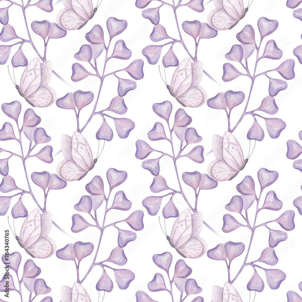 Seamless pattern simple abstract twig with purple hearts leaves, butterfly. Beautiful gentle clipart. Hand drawn watercolor illustration background. Botanical design for printing on fabric, textiles Seamless pattern simple abstract twig with purple hearts leaves, butterfly. Beautiful gentle clipart. Hand drawn watercolor illustration background. Botanical design for printing on fabric, textiles