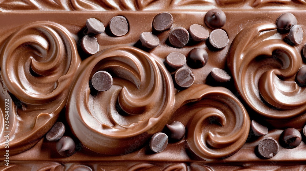 a close up of a piece of chocolate with chocolate swirls on the top of it and chocolate chips on the bottom of the chocolate. a close up of a piece of chocolate with chocolate swirls on the top of it and chocolate chips on the bottom of the chocolate.