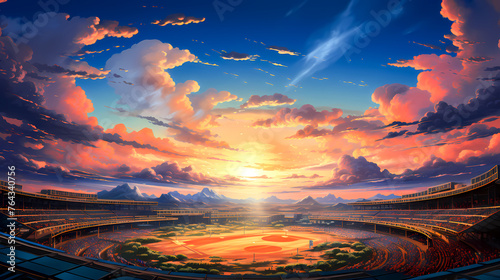 Scene Sunset at a Stadium with Dramatic Clouds illustration photo
