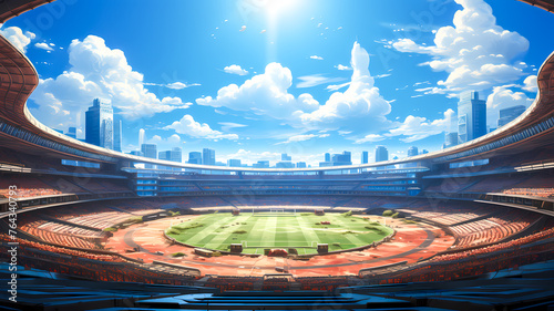 Sunny Stadium with Urban Skyline Background