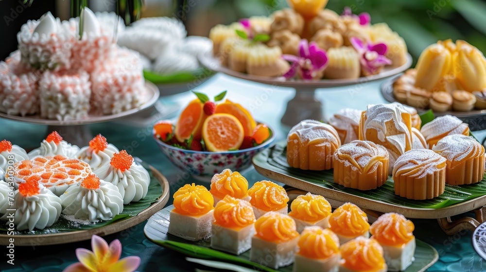 Exquisite Dessert Platter with Assorted Tropical Fruit Cakes and Pastries for