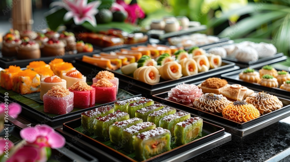 Vibrant Assortment of Tempting Gourmet Desserts and Pastries Displayed on Platters for Lavish Catered Event or