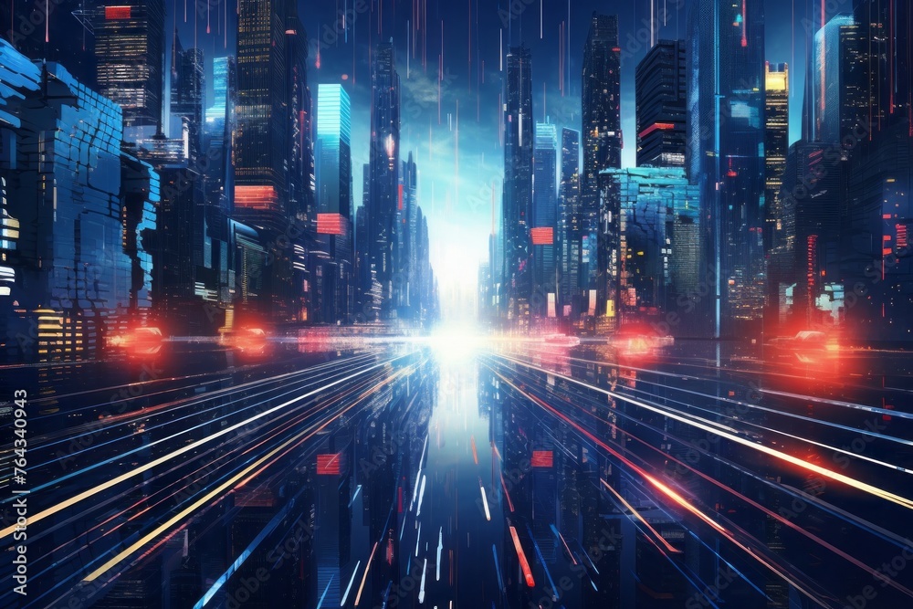 A futuristic cityscape with data streams flowing between skyscrapers