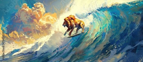 An attractive poster with an illustration of a cartoon lion character ruling the waves, conveying the impression of adventure and courage in the vast ocean.
