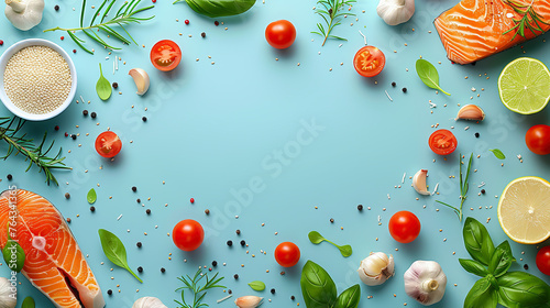 Healthy foods and drinks. Assorted fruits and vegetables with copy space.