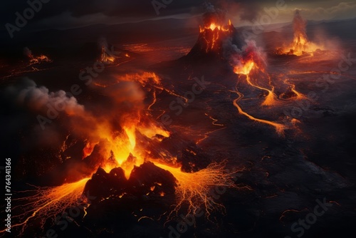 Aerial view of a dramatic volcanic landscape with active lava flows