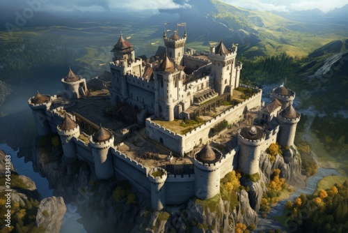 Aerial view of a medieval castle perched on a rugged hilltop photo